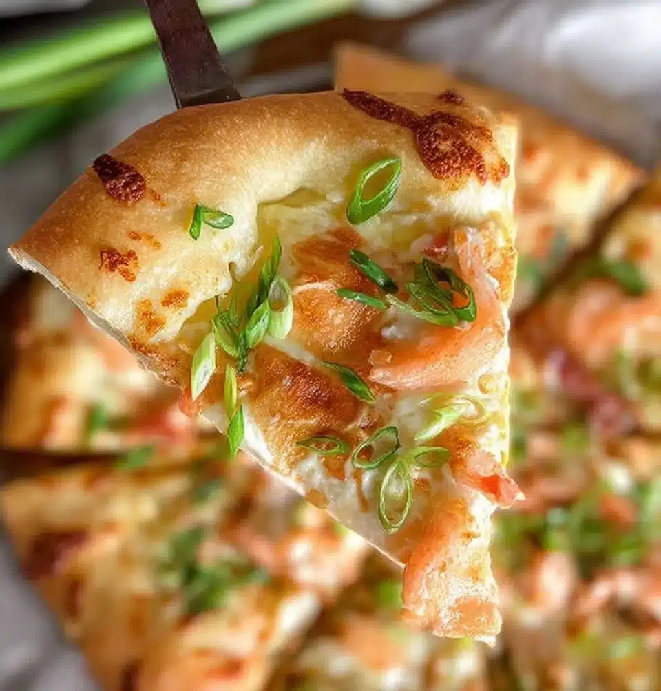 Crab Rangoon Pizza topped with cream cheese, crab, and crispy wonton skin.