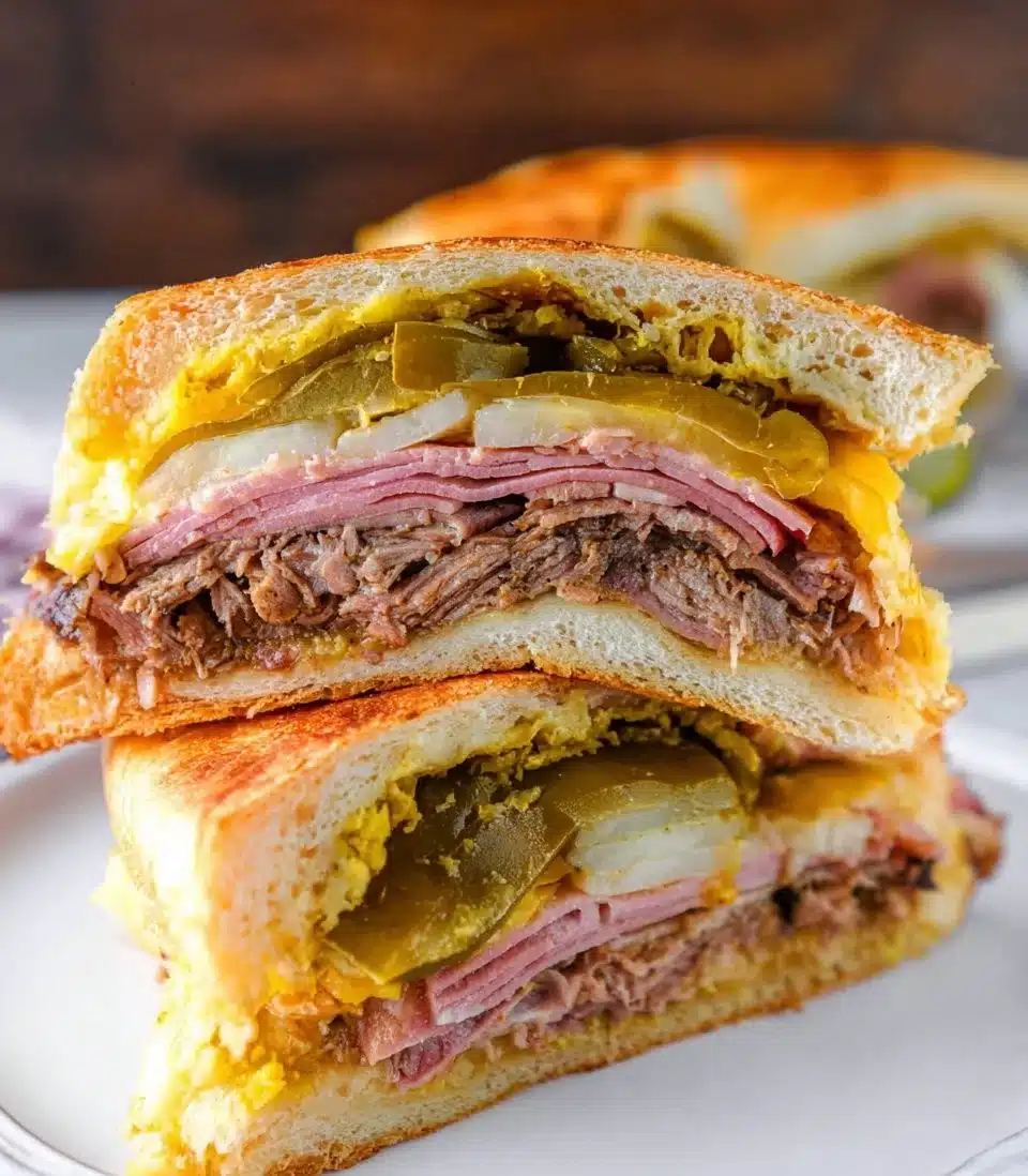 Close-up of a Cuban Sandwich filled with pork, ham, cheese, and pickles.