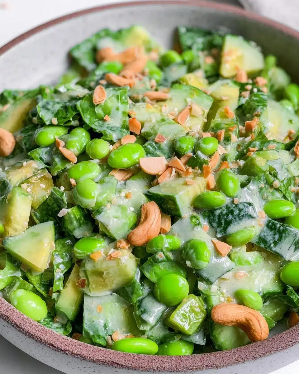 Delicious Cucumber Edamame Salad with fresh vegetables and dressing