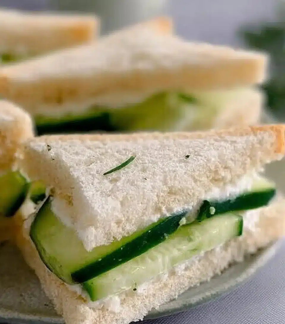 Delicious cucumber tea sandwich served on a plate for afternoon tea