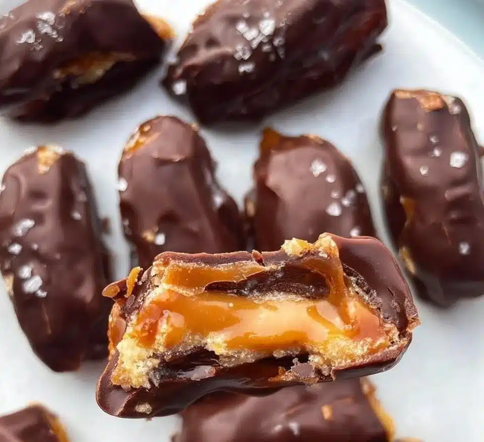 Homemade Date Snickers bars with natural ingredients and caramel drizzle