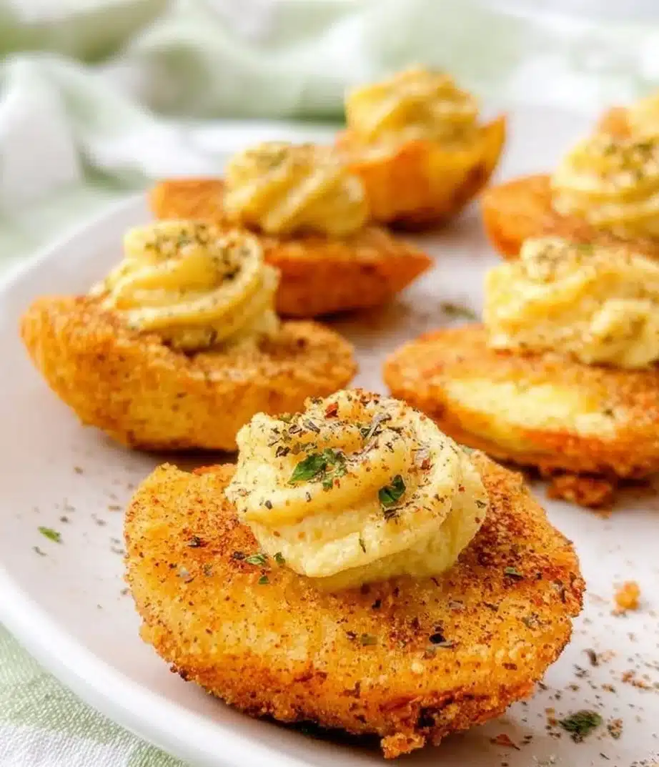 Creamy deviled eggs garnished with paprika and herbs on a plate.