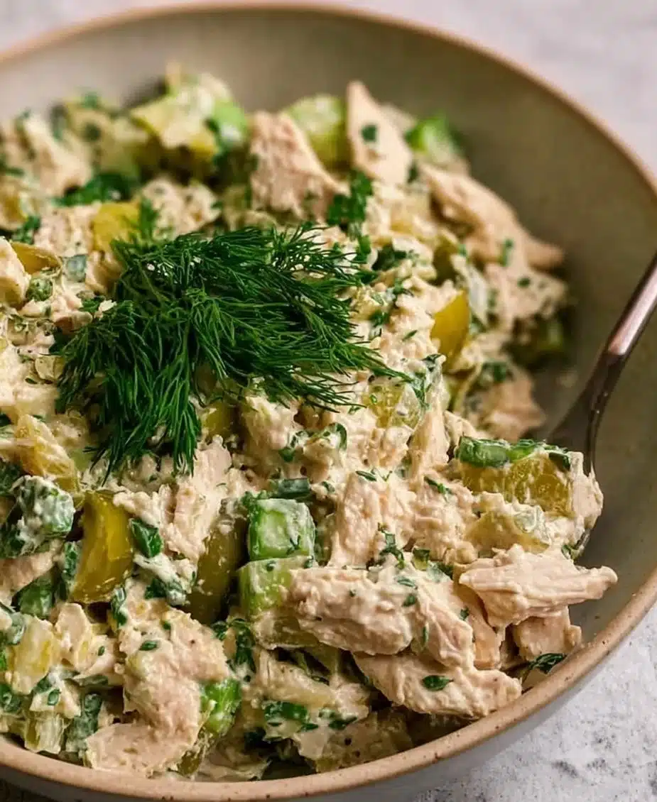 Delicious Dill Pickle Chicken Salad with chicken, pickles, and fresh herbs in a bowl