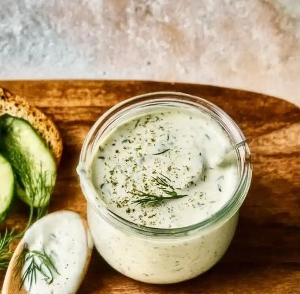 Bowl of dill pickle cottage cheese ranch dip with fresh veggies for dipping.