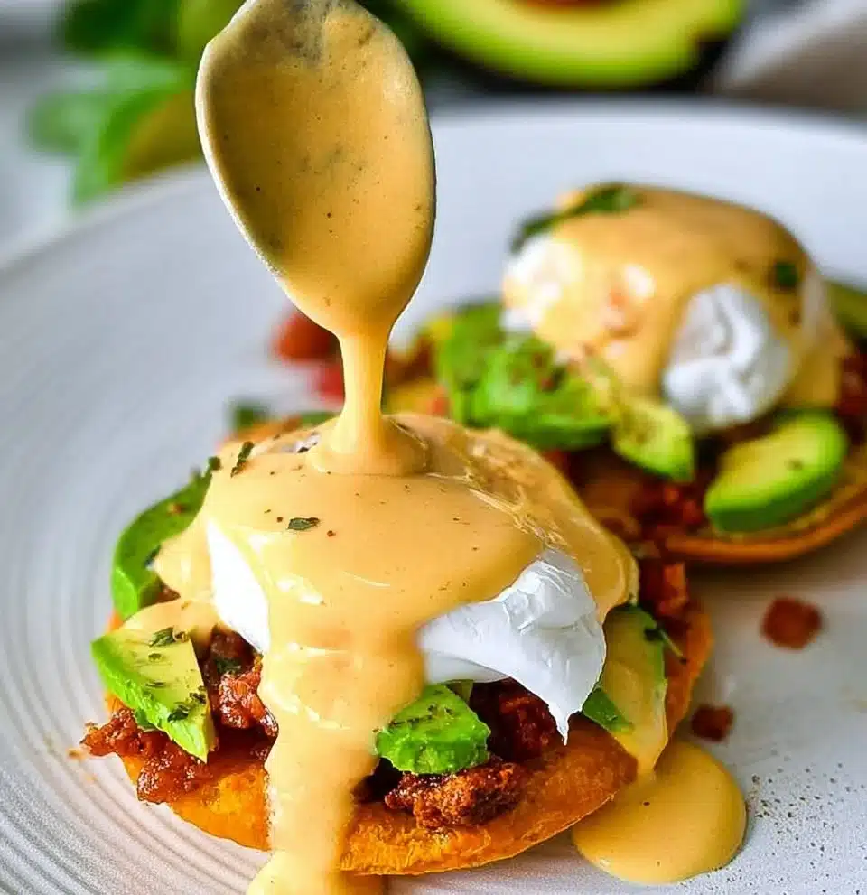 A delicious plate of Eggs Benedict topped with hollandaise sauce and garnished with herbs.