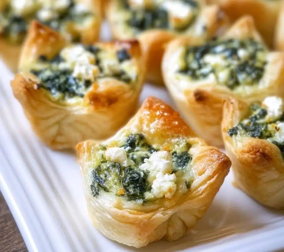 Feta Spinach Tartlets on a plate garnished with herbs