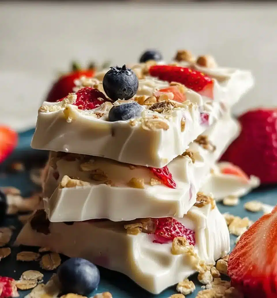 Delicious frozen yogurt bark topped with fruits and nuts
