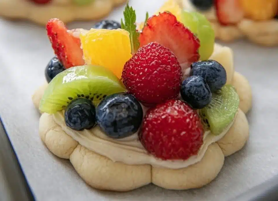 Fruit pizza cookies topped with fresh fruits and creamy frosting.