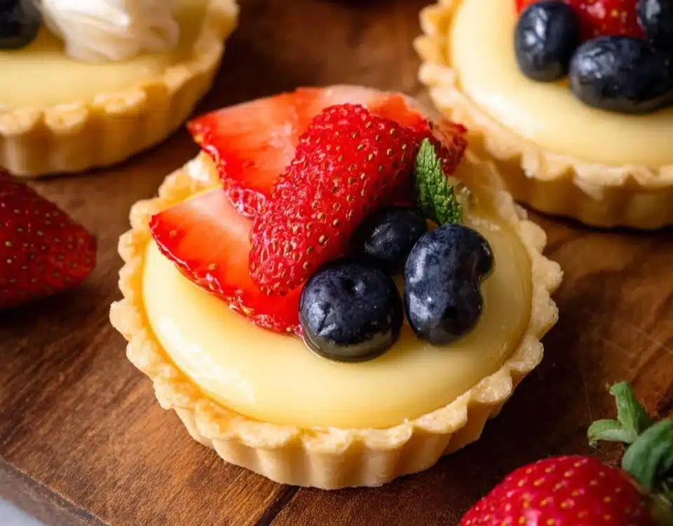 Colorful fruit tarts topped with fresh fruits and a flaky crust