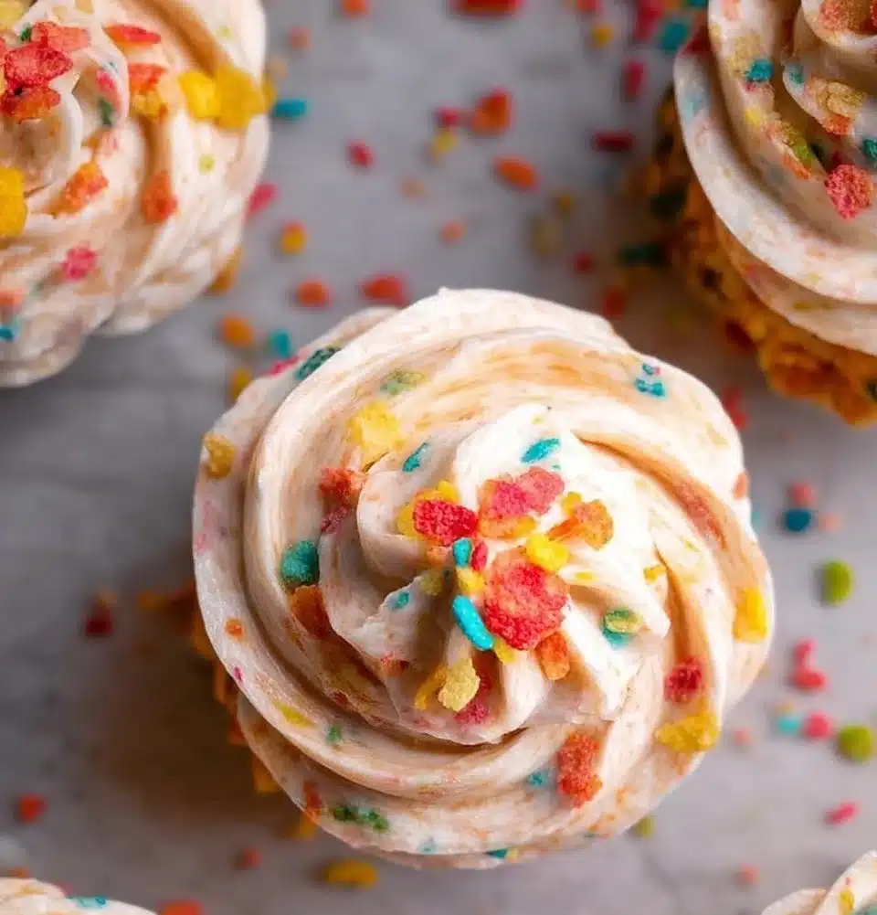 Colorful Fruity Pebbles frosting topping on a cake slice