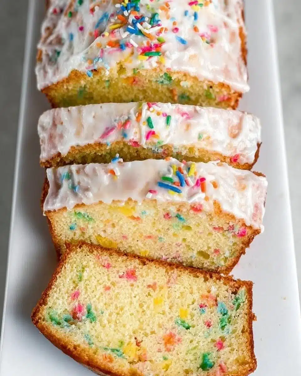 Sliced Funfetti Pound Cake topped with colorful sprinkles on a plate