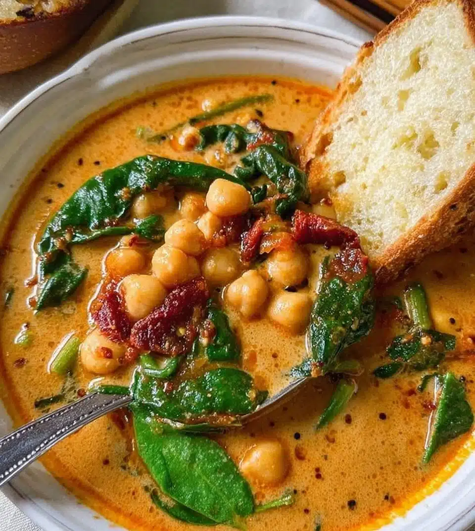 A warm bowl of garbanzo bean soup garnished with herbs.