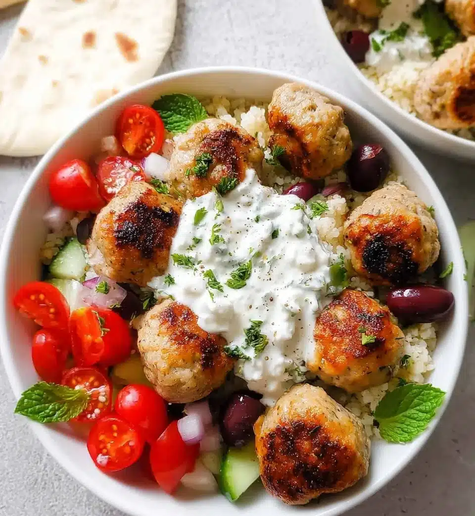 Delicious Greek chicken meatballs served with fresh herbs and lemon.