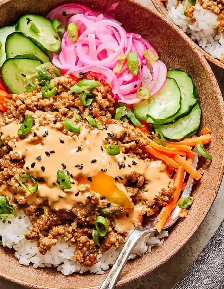Healthy ground turkey rice bowls recipe with colorful vegetables and spices