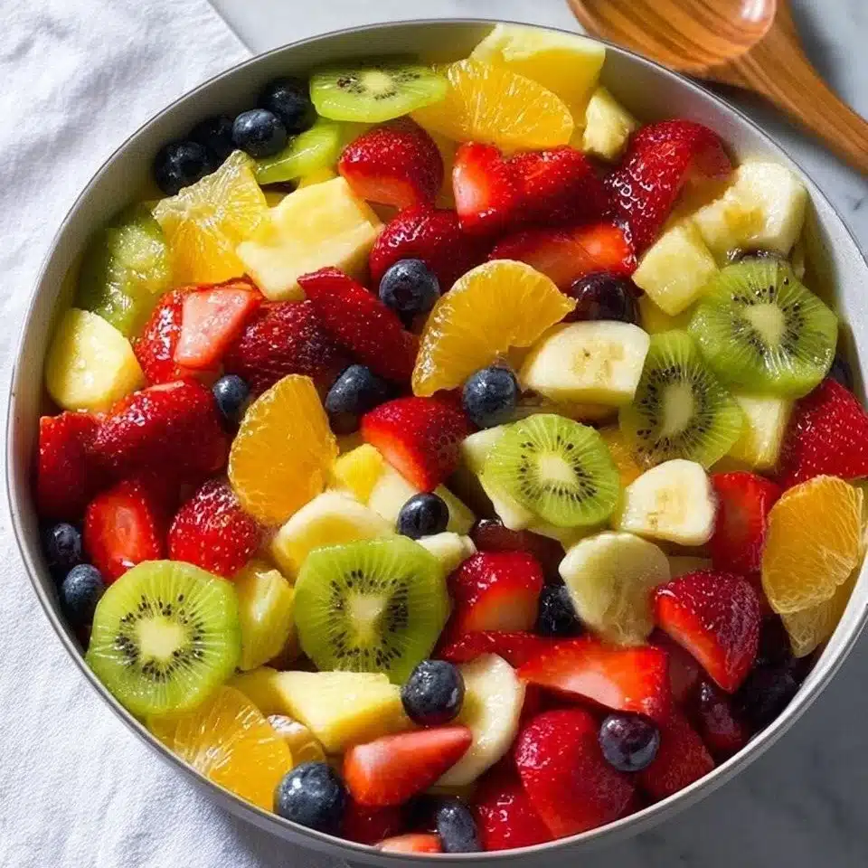 Honey Lime Rainbow Fruit Salad with colorful mixed fruits and a honey lime dressing