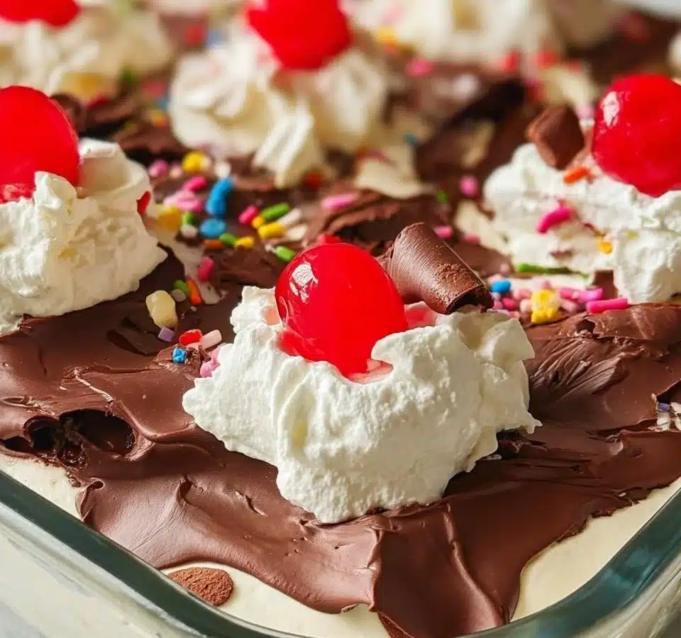 Delicious ice cream sundae squares topped with chocolate and cherries