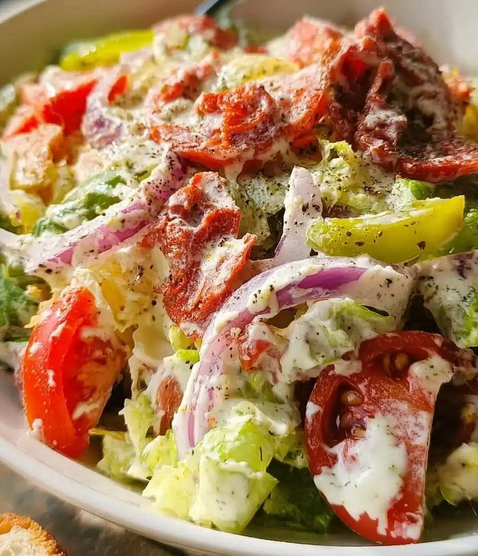 Delicious homemade Italian Salad with fresh vegetables and herbs