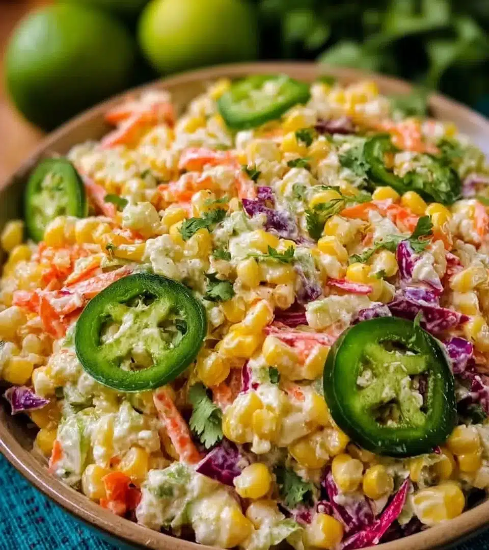 Bowl of Jalapeno Corn Coleslaw topped with fresh cilantro and lime.
