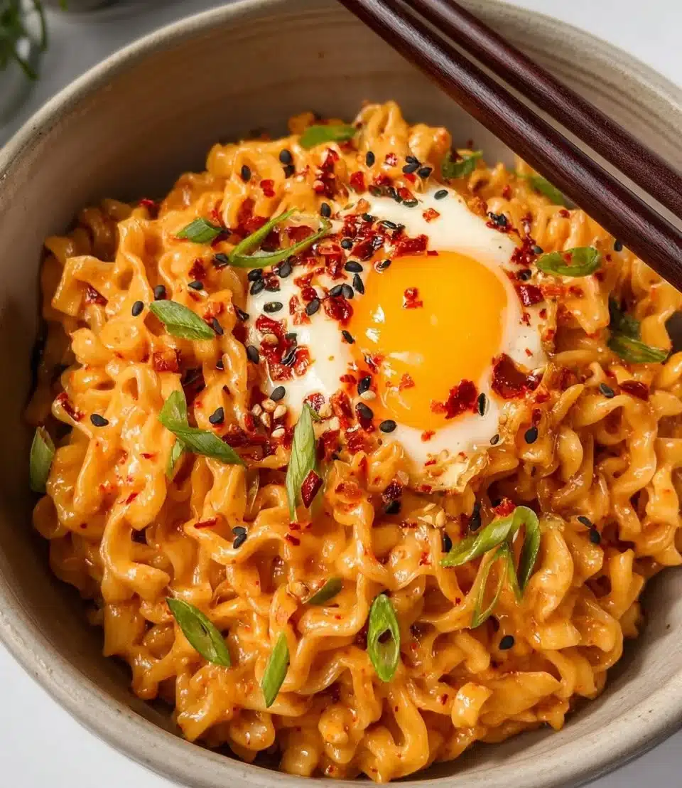 A delicious bowl of Kimchi Noodles topped with fresh vegetables and herbs.