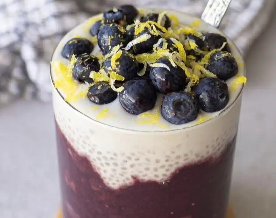 Lemon Blueberry Chia Pudding topped with fresh blueberries and lemon zest