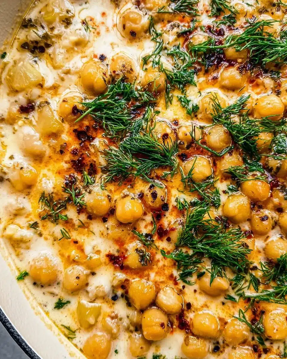 Bowl of delicious Lemon Chickpea Stew garnished with fresh herbs and lemon slices