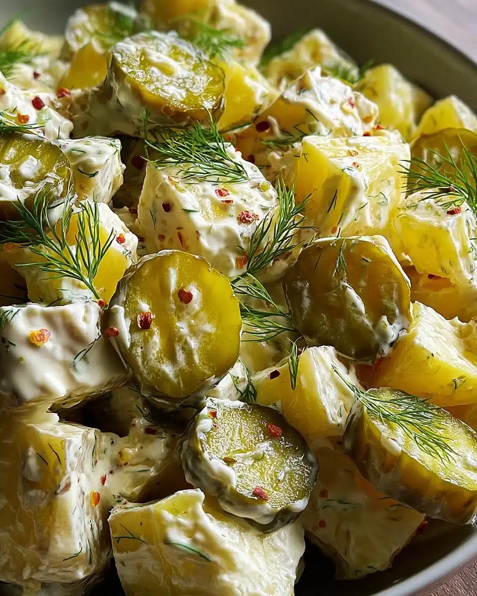 Lemon Dill Pickle Potato Salad served in a bowl with herbs and pickles