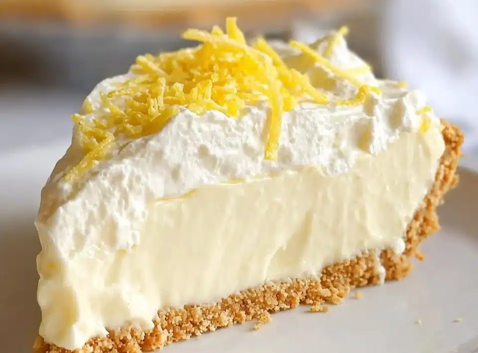 Slice of creamy Lemon Icebox Pie with a lemon garnish on a wooden table