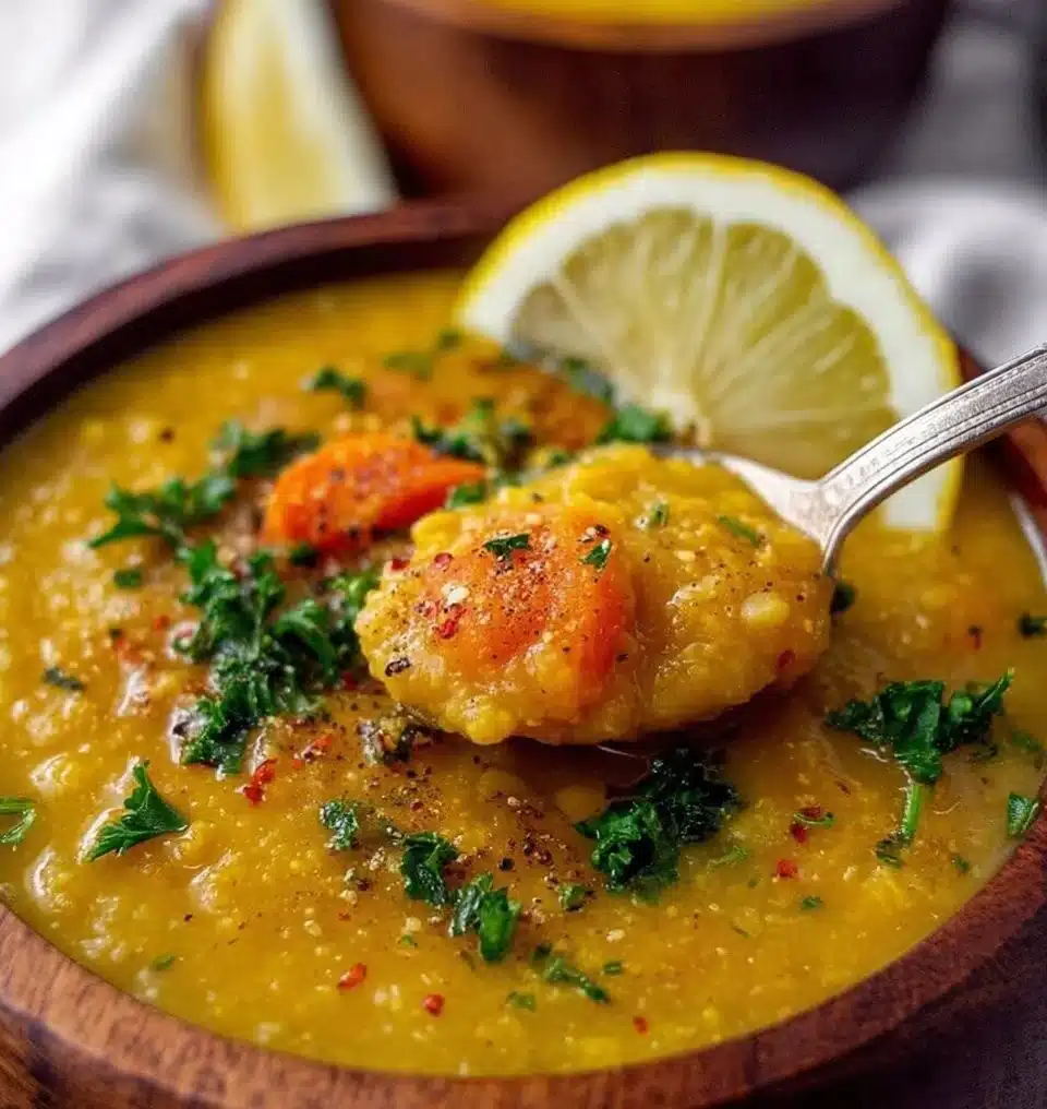Bowl of Lemon Lentil Soup garnished with fresh herbs and lemon slices.