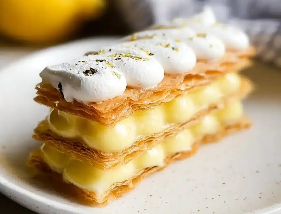 Lemon Mille Feuille dessert with layers of pastry and lemon cream