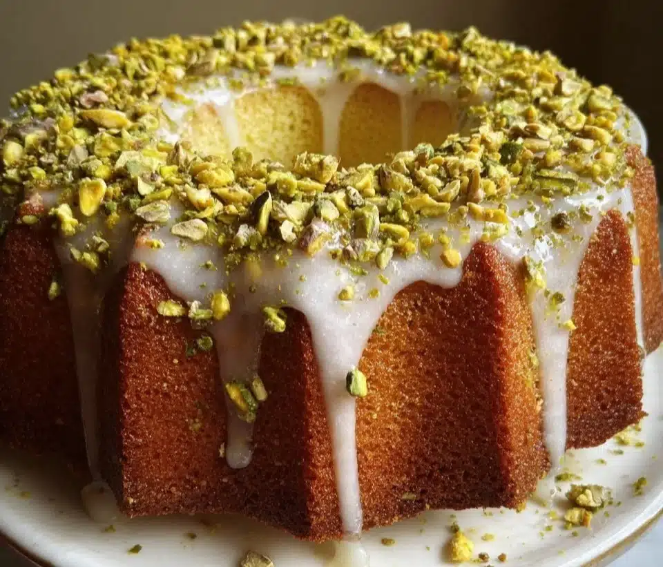 A slice of Lemon Pistachio Olive Oil Cake garnished with lemon zest and pistachios.