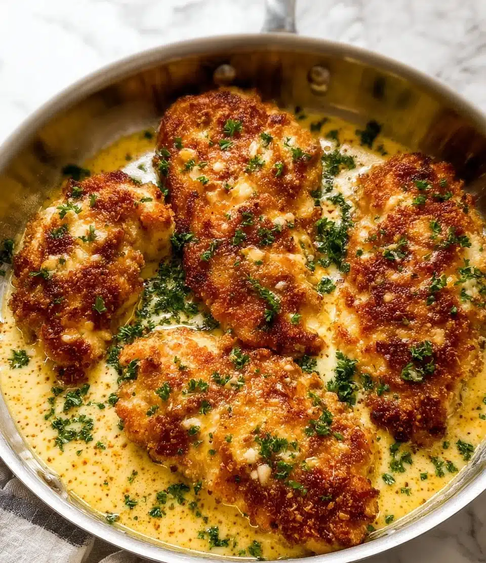 Longhorn Steakhouse Parmesan Chicken served with creamy sauce and a garnish.