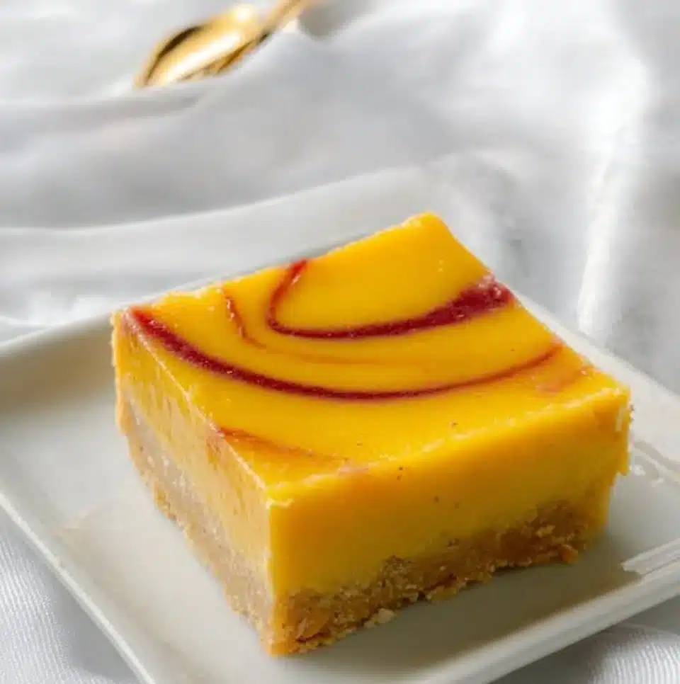 Delicious Mango Curd Bars topped with fresh mango slices