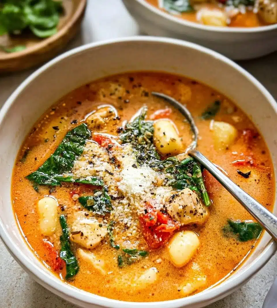 Bowl of Marry Me Chicken Soup with fresh herbs and ingredients