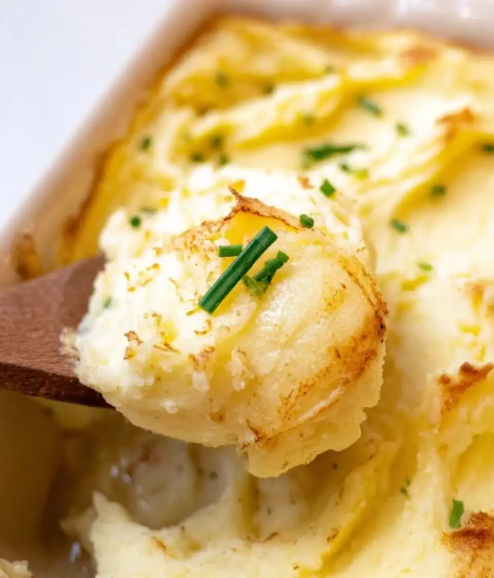 Creamy mashed potatoes garnished with parsley on a rustic wooden table.