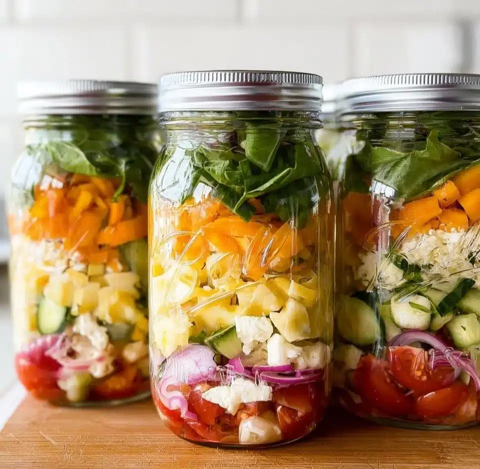 Colorful Mason Jar Salads layered with fresh ingredients for meal prep