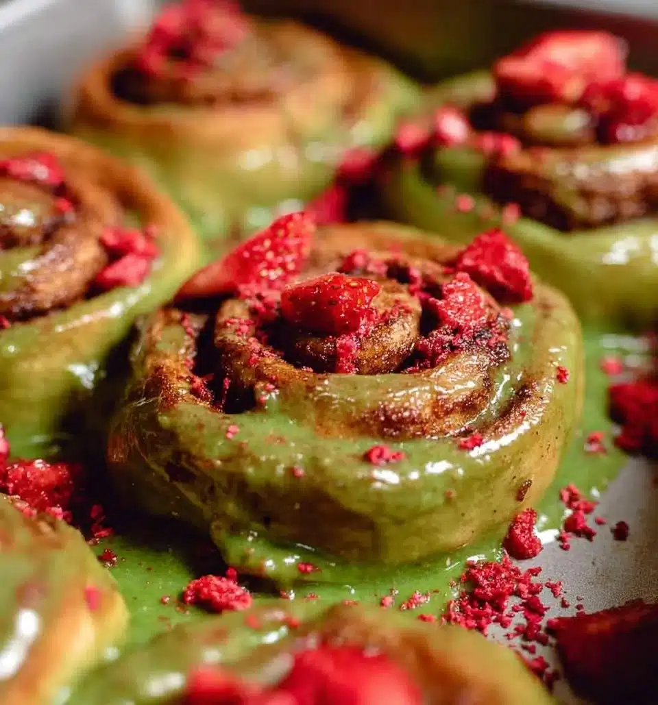 Freshly baked matcha cinnamon rolls topped with icing on a rustic wooden table.