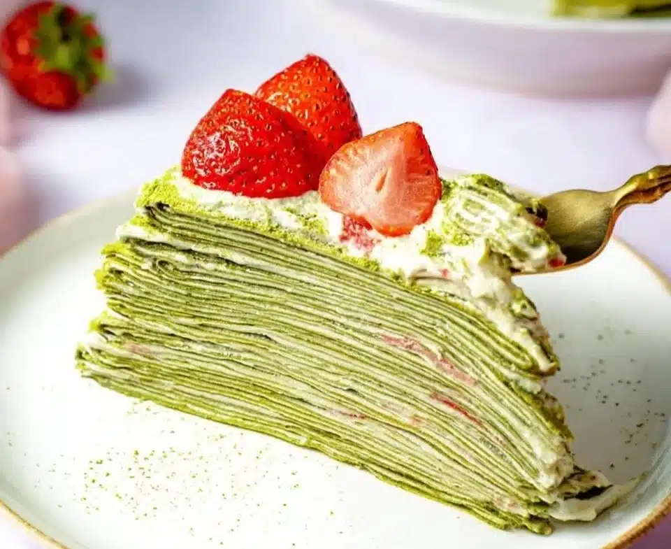 Delicious Matcha Crepe Cake with layers of matcha-flavored crepes and cream