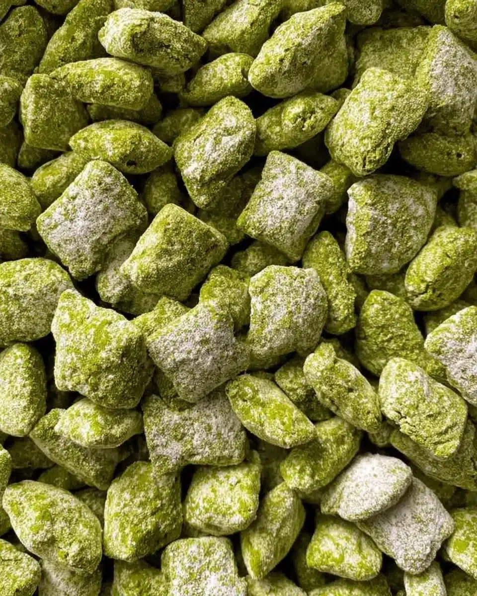 Bowl of Matcha Puppy Chow with green matcha powder on top