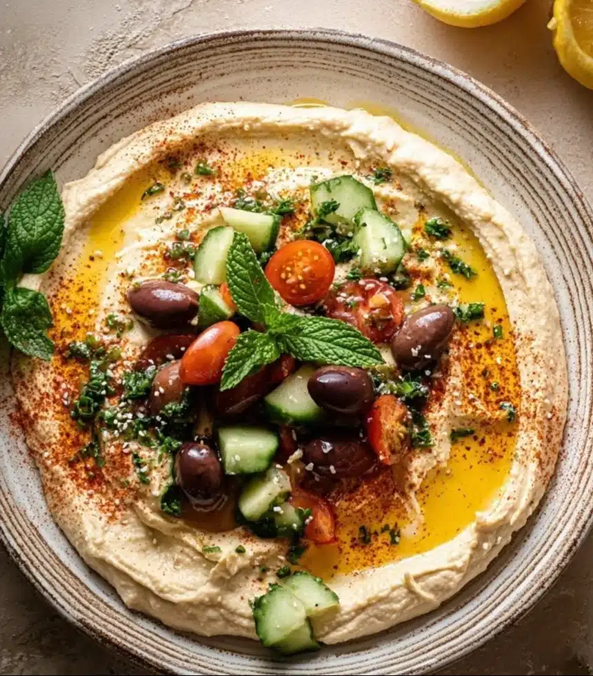 Delicious Mediterranean Hummus served with pita and vegetables