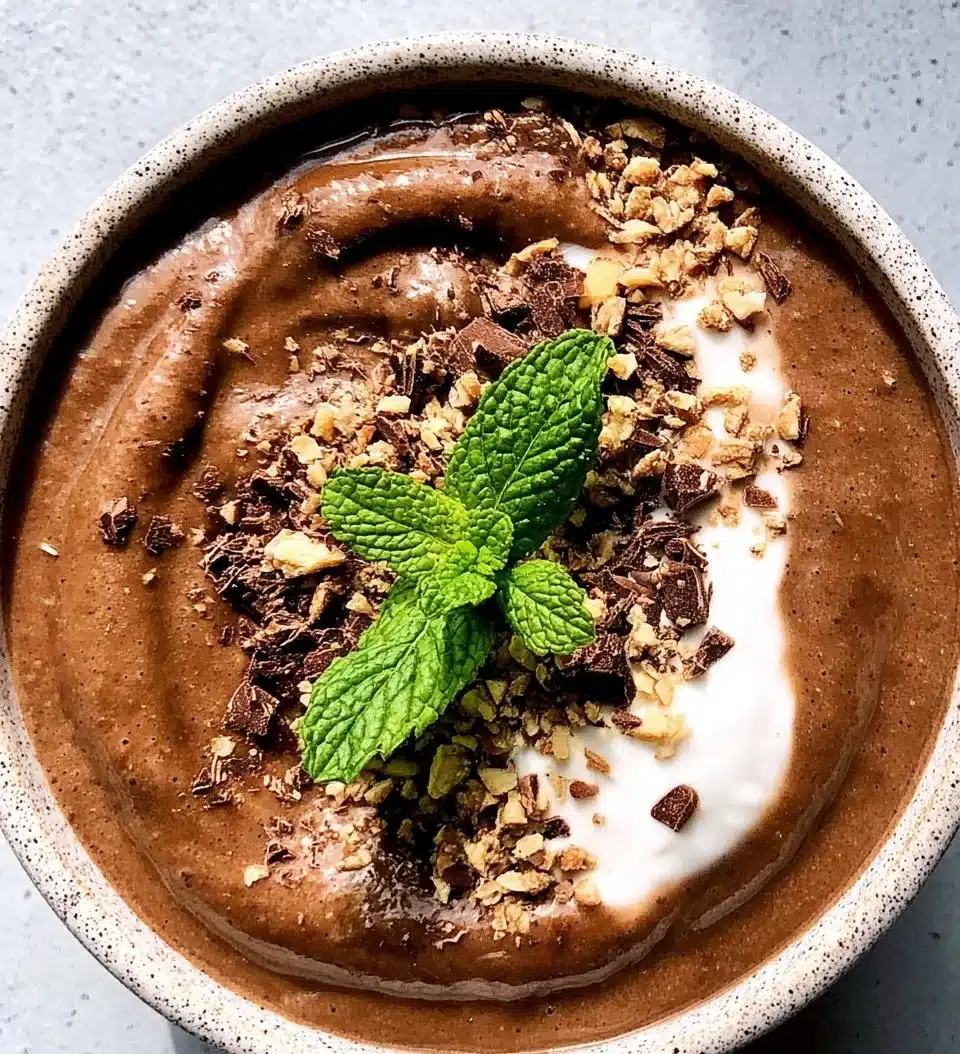 Delicious mint chocolate smoothie in a glass with fresh mint leaves on top.