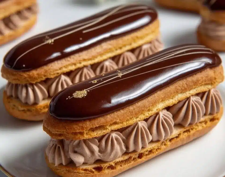 Delicious mocha éclairs with coffee cream and chocolate glaze served on a dish