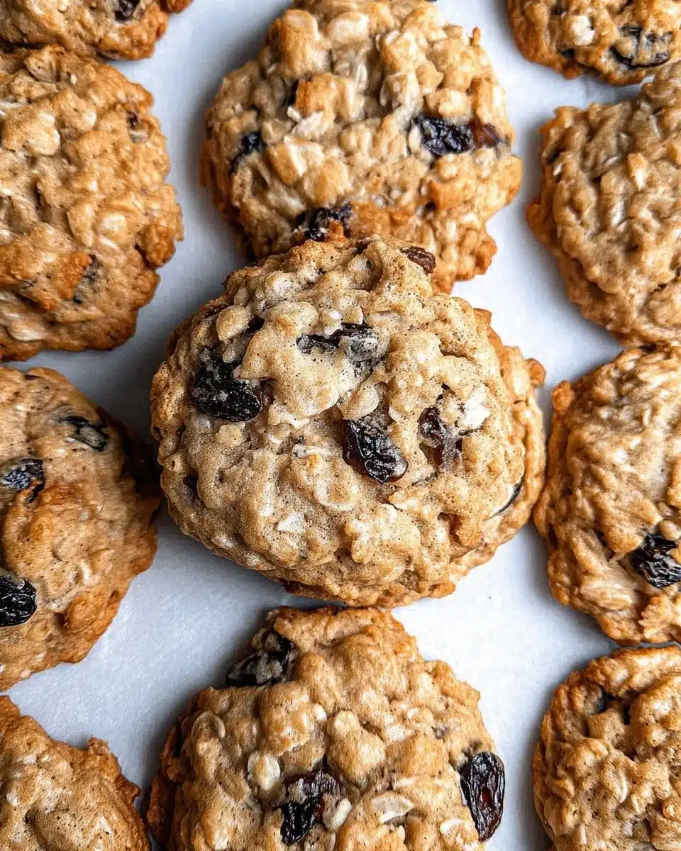 Freshly baked oatmeal raisin cookies on a cooling rack