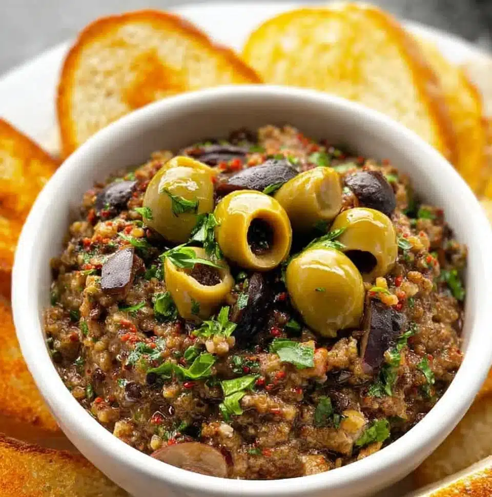 A delicious bowl of homemade olive tapenade served with crusty bread.