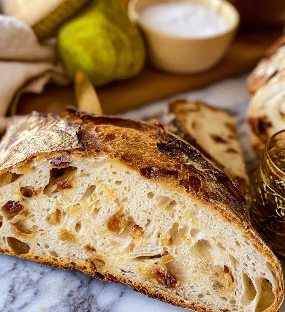 Freshly baked Onion Gouda Sourdough bread with a golden crust