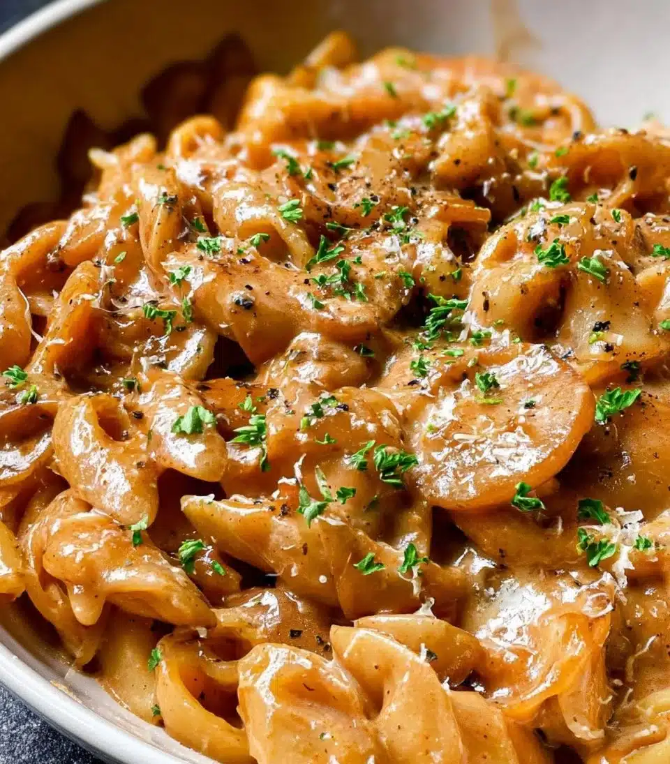 Delicious onion pasta garnished with fresh herbs and parmesan cheese