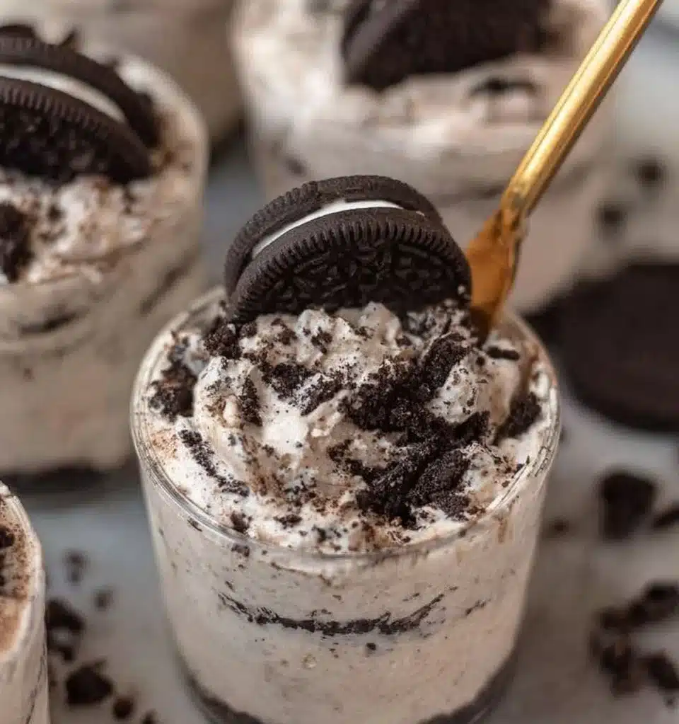 Delicious Oreo Cheesecake Cups topped with crushed Oreos and chocolate drizzle