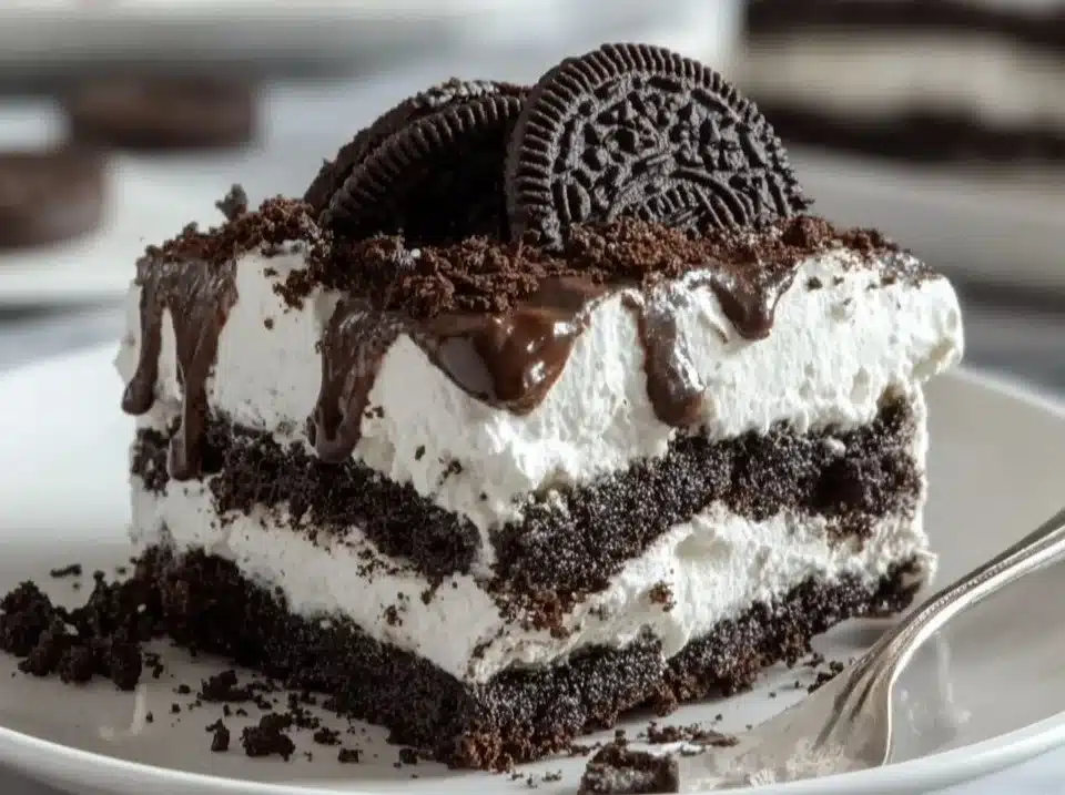 Delicious Oreo Icebox Cake with layers of cream and Oreo cookies