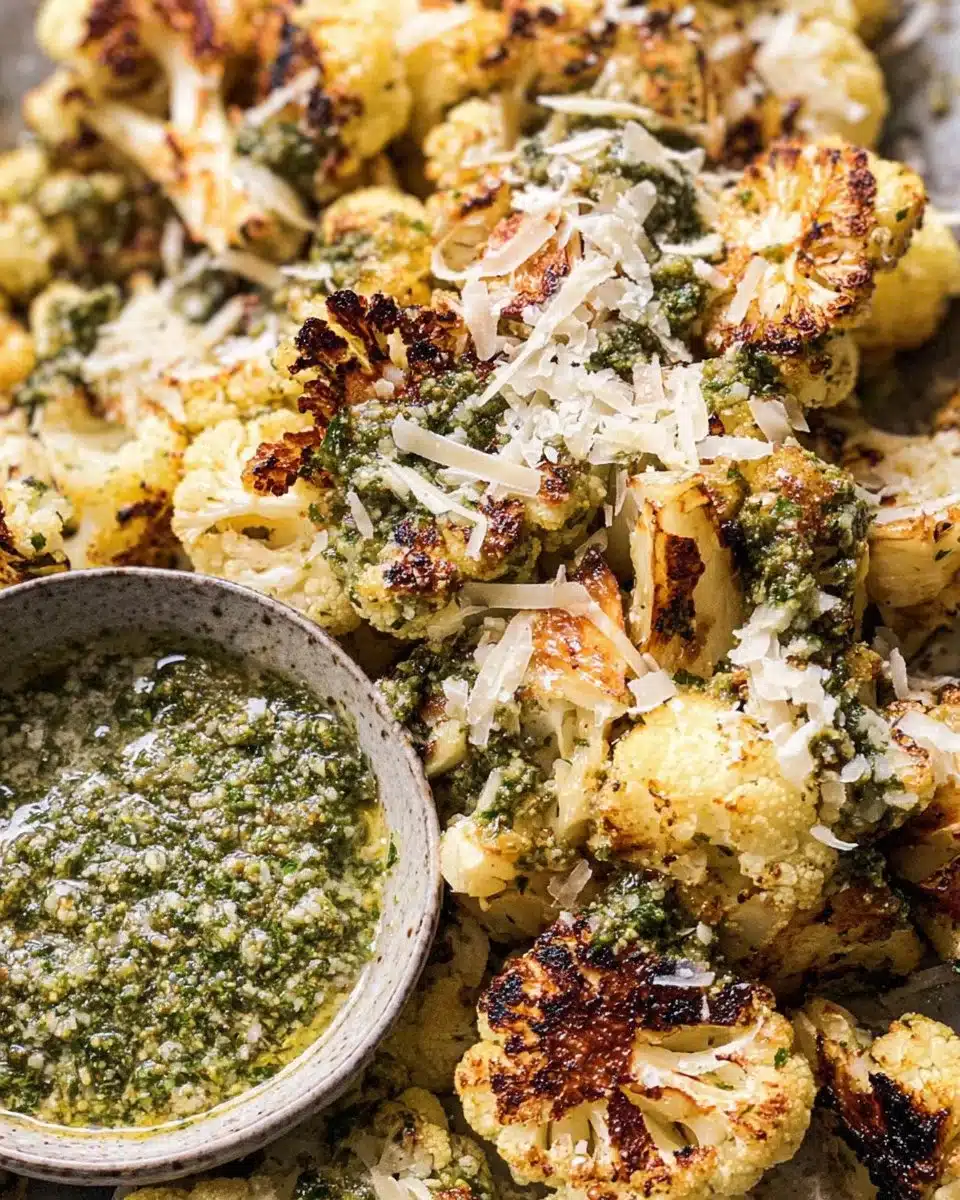 Baked Parmesan Pesto Cauliflower garnished with herbs on a white plate