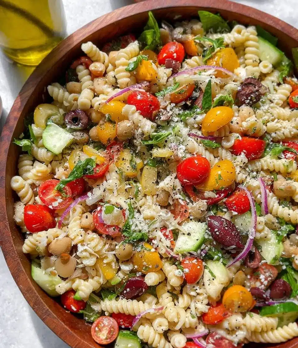 Colorful and fresh pasta salad with vegetables and dressing