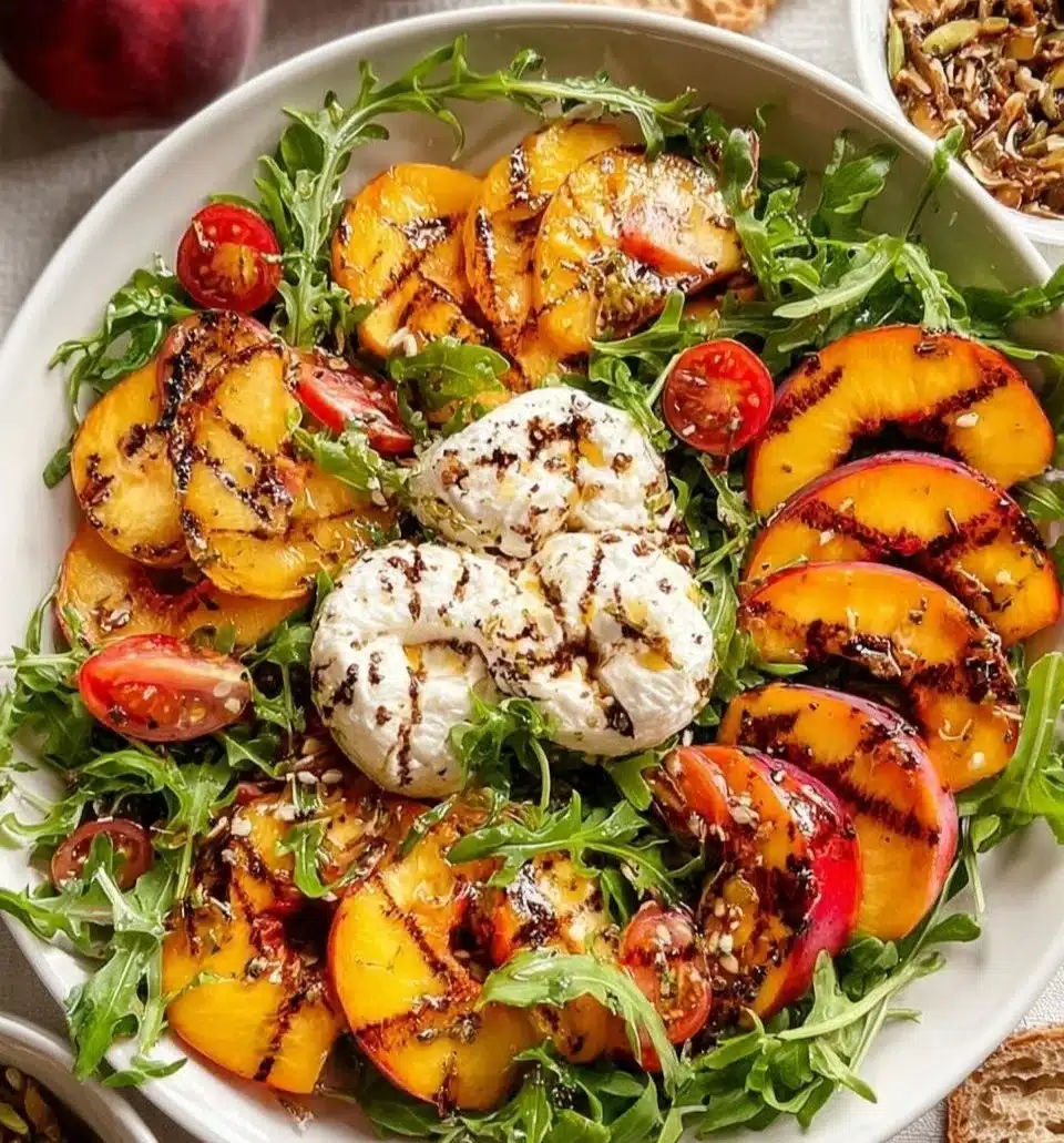 Fresh Peach Burrata Salad with vibrant peaches and creamy cheese on a plate